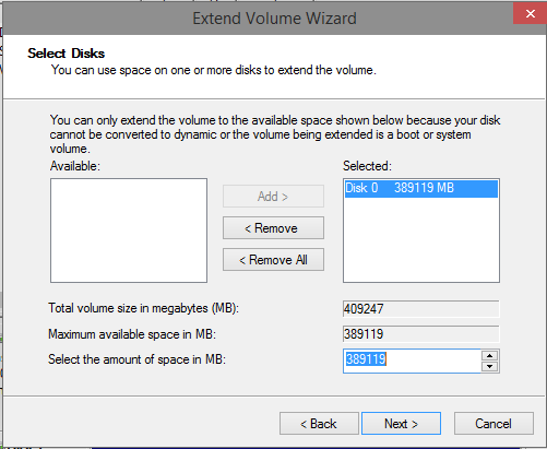 Opciones para cambiar el tamaño del disco