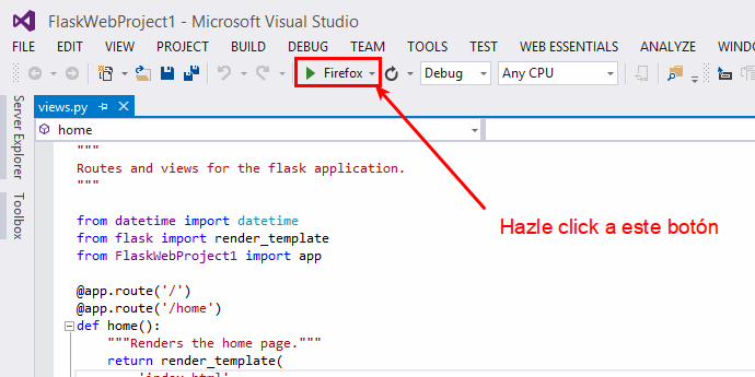 Botón para arrancar Flask en modo debug
