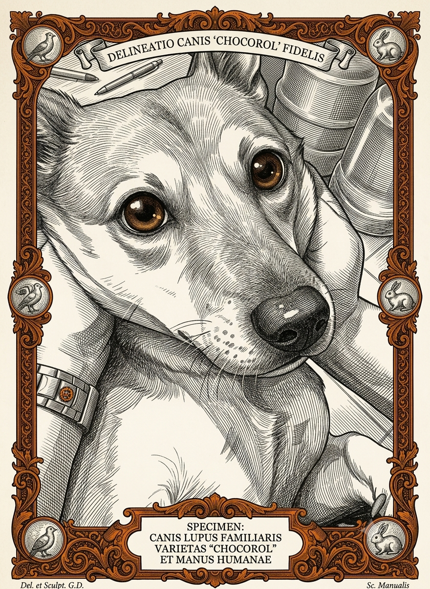 Illustration of Chocorol, a mixed-race dwarf dog with short coat. Head of a German shepherd in the body of a corgi/dachshund.