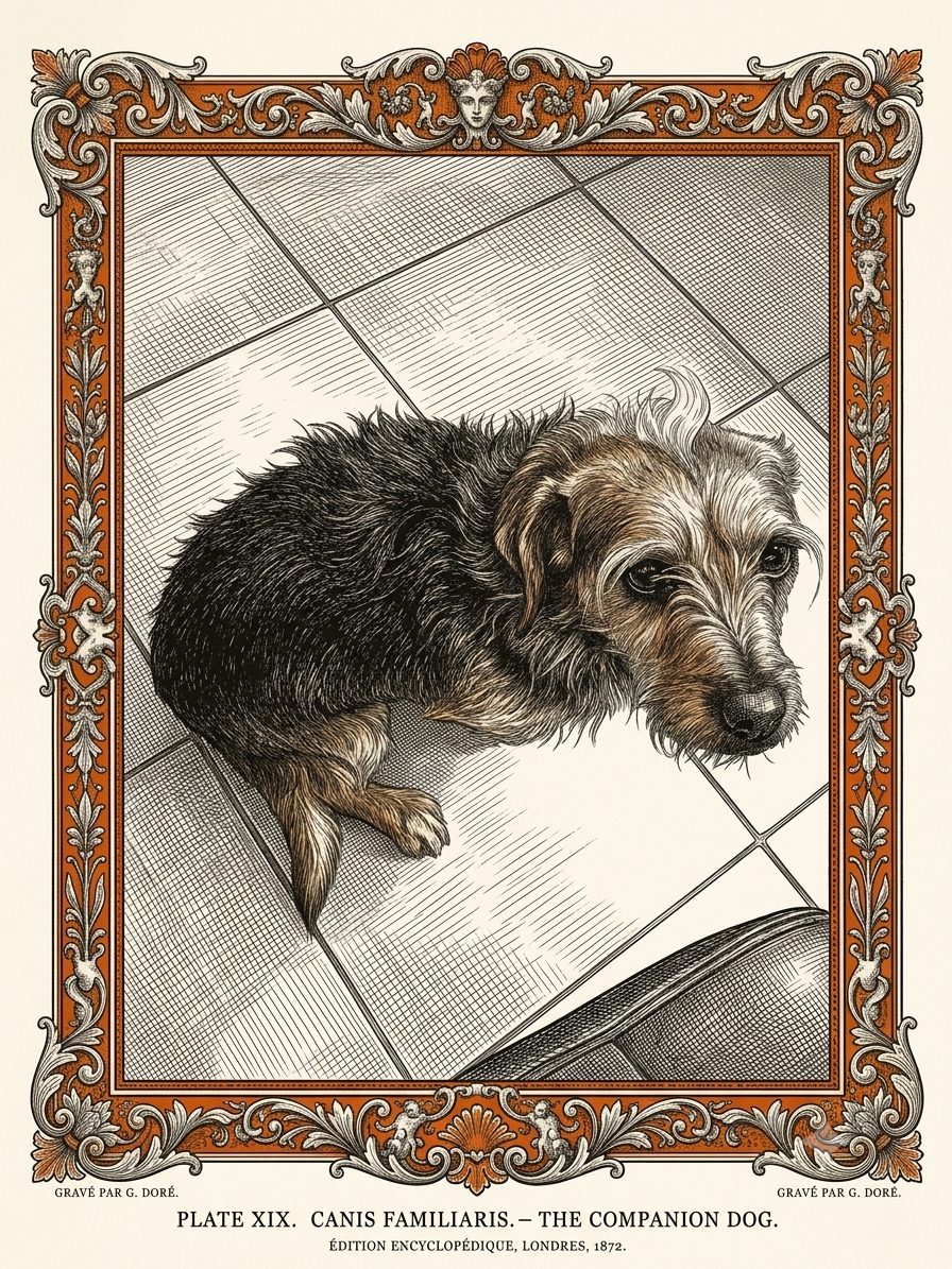 Cookies, looks most like a terrier. Dark coat, inherited short legs and wire hair. Loves water but hates baths.