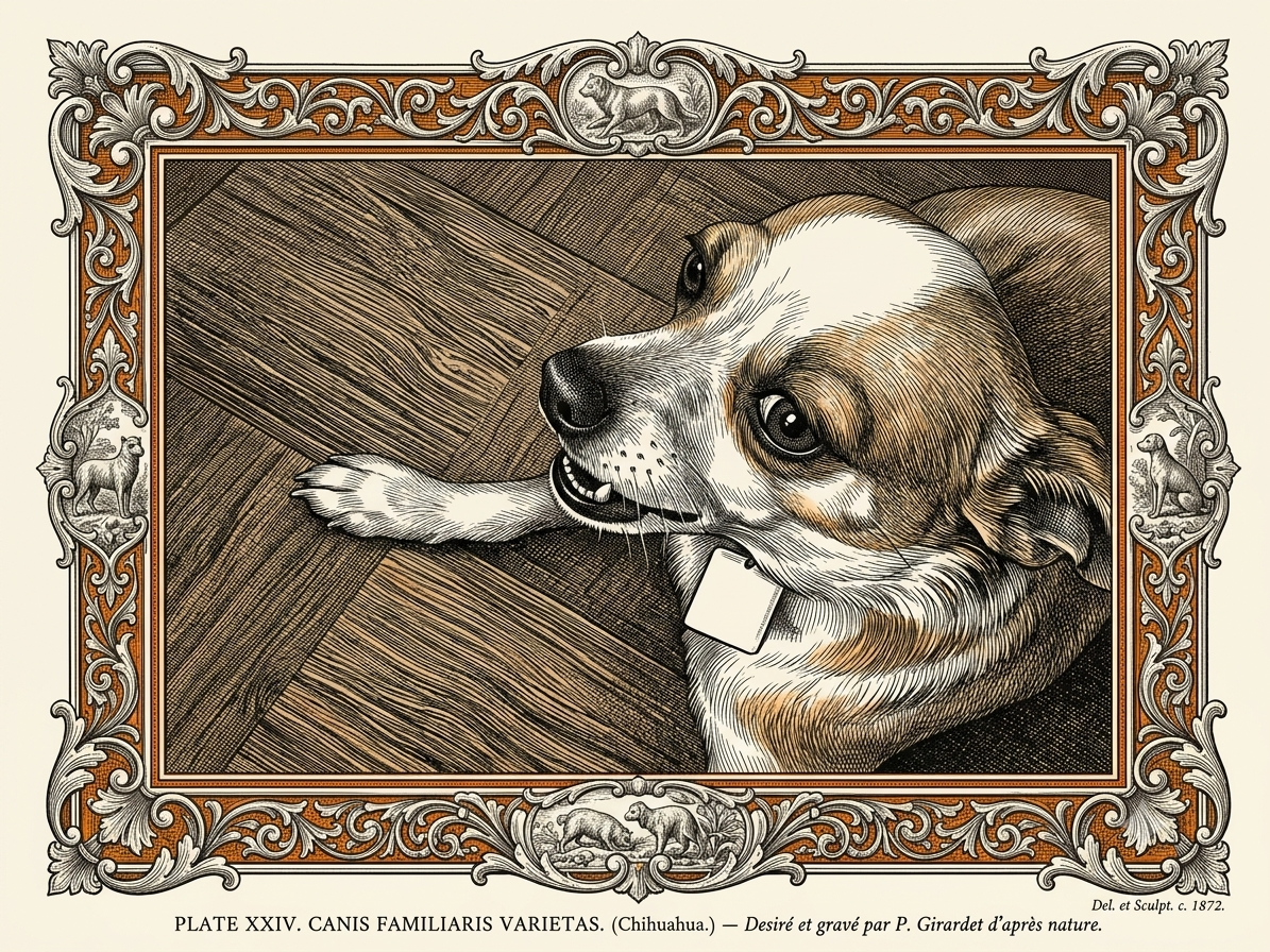 Illustration of Pulga 1, a medium-sized chihuahua with light brown coat and white patches. Very thin, shy but fierce behind the fence.