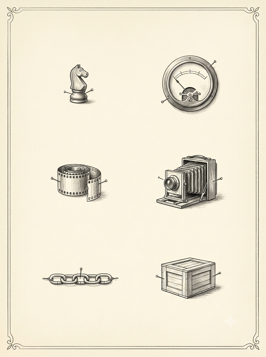 A 19th-century natural-history specimen plate of small mechanical curiosities, engraved in ink on parchment.