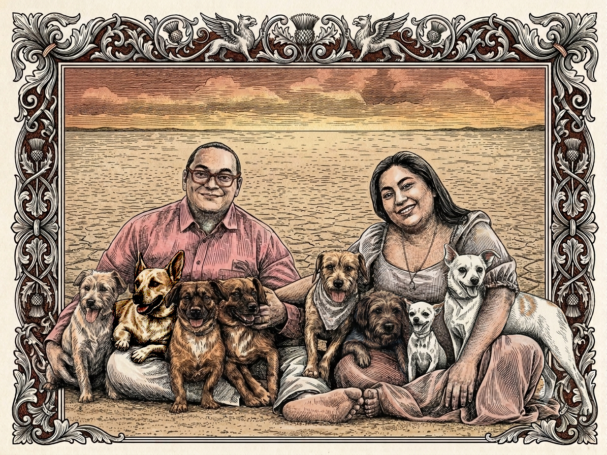 Noe and Xochitl posing with their dogs, from left to right: Candy, Chocorol, Winnis, Bubulubu, Tutsi, Cookies, Pulga, and the late Bombón.