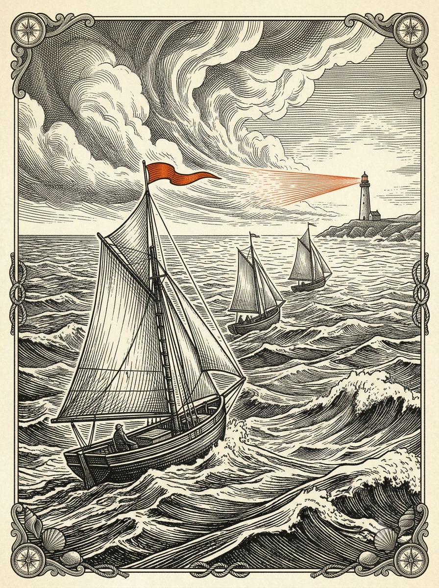 Una flota de veleros de madera del siglo XIX migrando a través de un mar agitado hacia un faro lejano. Grabado en madera al estilo de Gustave Doré, con acentos de rubricación bermellón a mano en el estandarte del barco líder y el haz del faro.