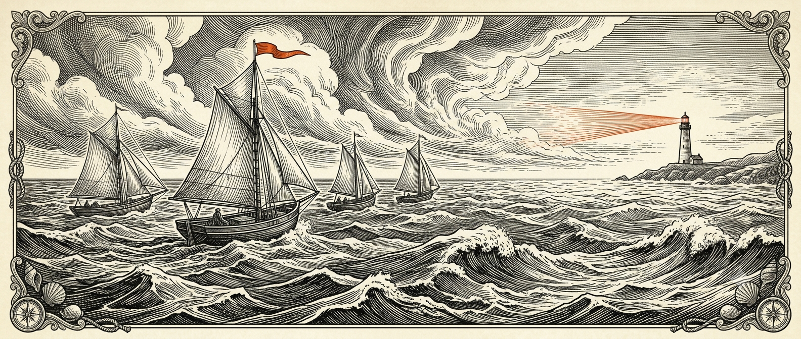 Un pequeño barco de madera meciéndose en un mar agitado al atardecer. Grabado en madera al estilo de Gustave Doré.