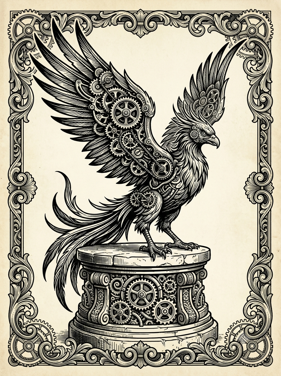 Fénix estilizado con engranajes mecánicos incrustados en sus alas, posado sobre un pedestal de engranajes — grabado vintage en tinta negra sobre pergamino.