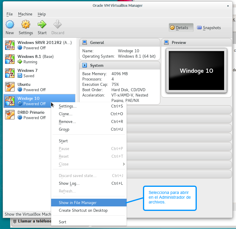 Para conocer la ruta del archivo de disco duro de la máquina virtual podemos usar VirtualBox Manager