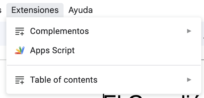 Acceso al menu de Apps Script desde Google Docs.