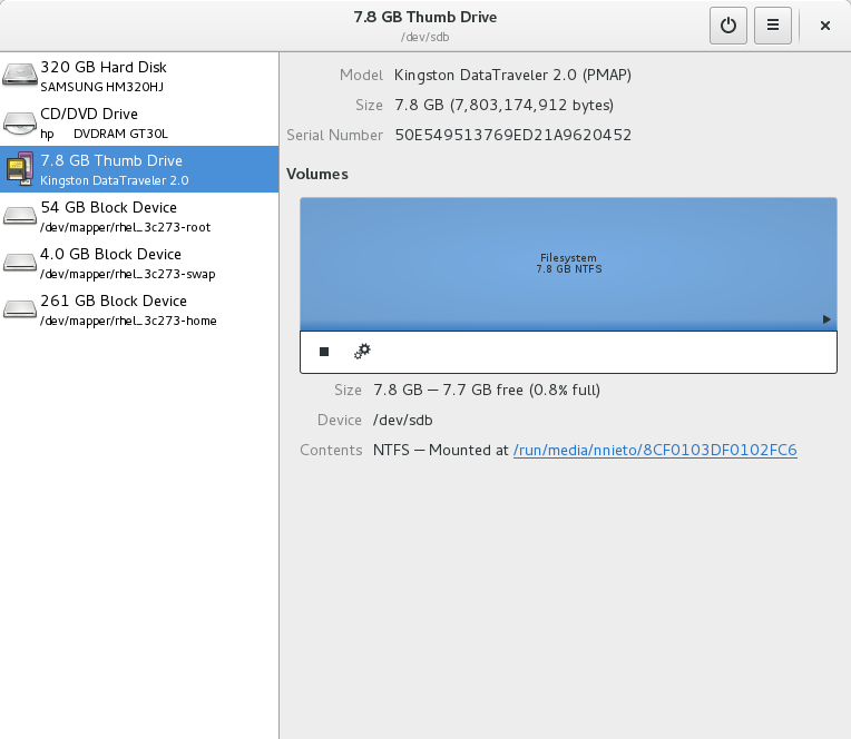 La herramienta Disks abriendo una memoria USB con formato NTFS