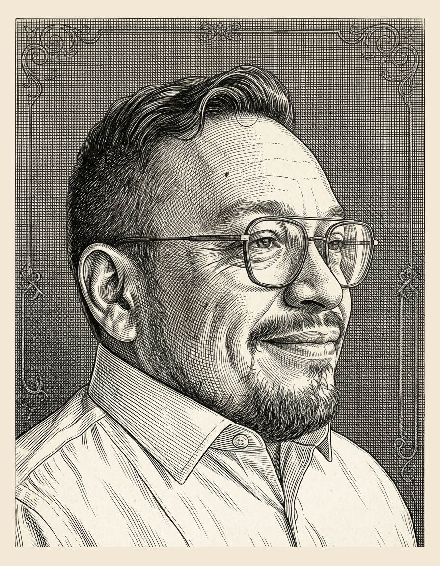 A drawing of Noe Nieto created with AI, based on a photograph taken by his wife.